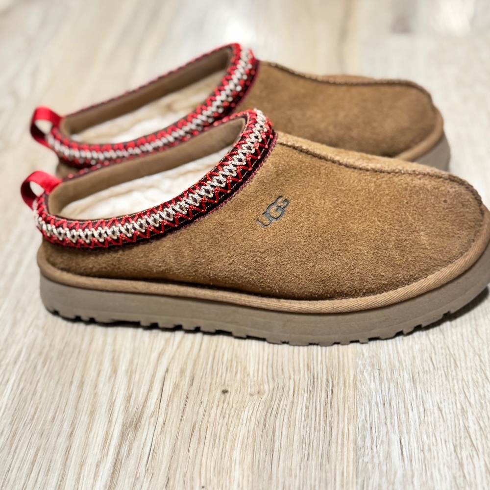 UGG Brown Suede Shearling-Lined Mules with Red Trim